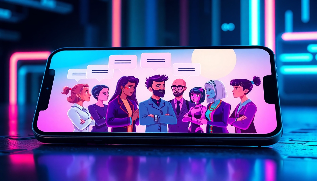 Futuristic chatbot interface with animated characters and neon colors on a modern device screen.