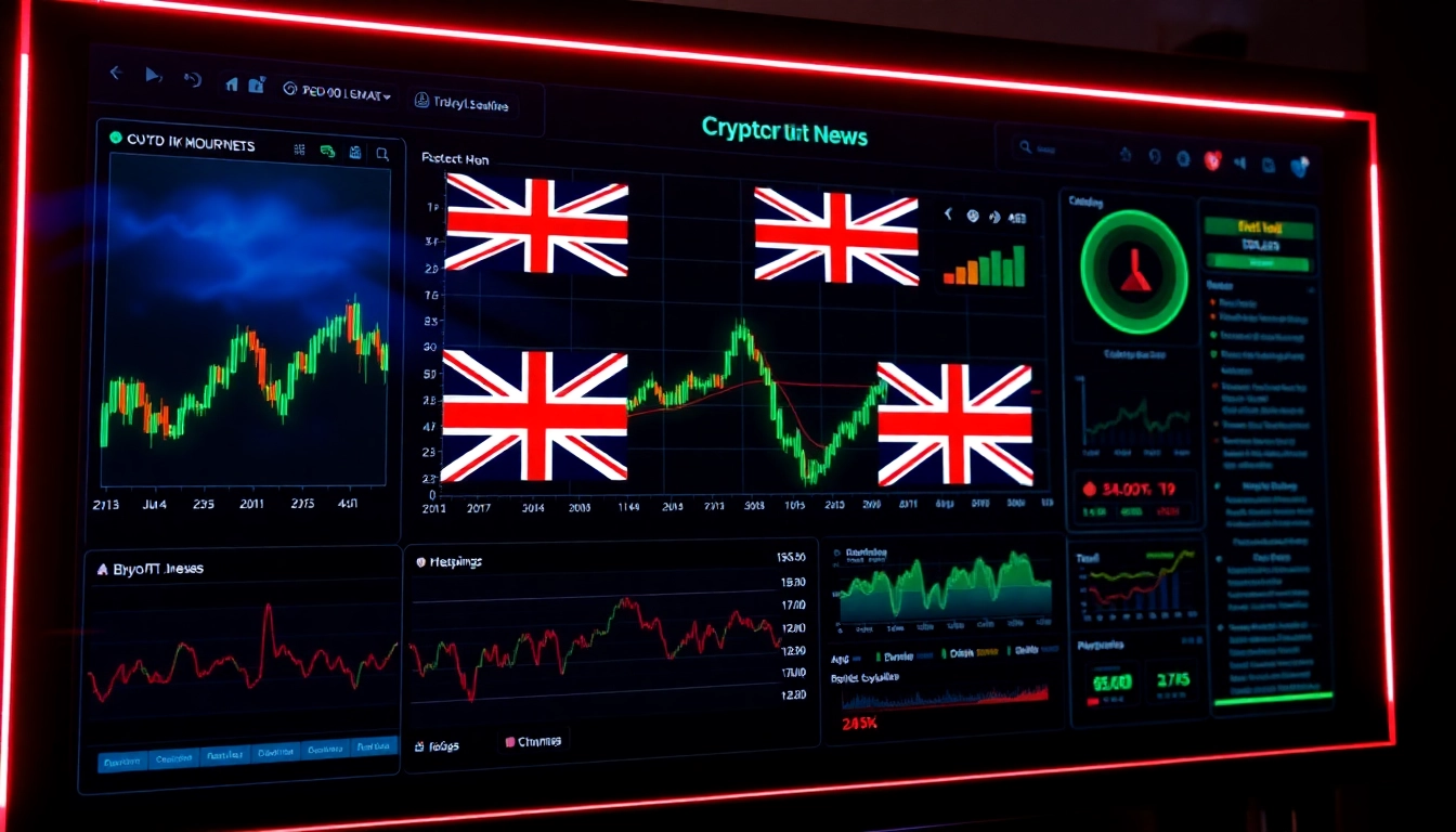 Cryptocurrency News UK features a dynamic digital dashboard with charts and UK symbols,