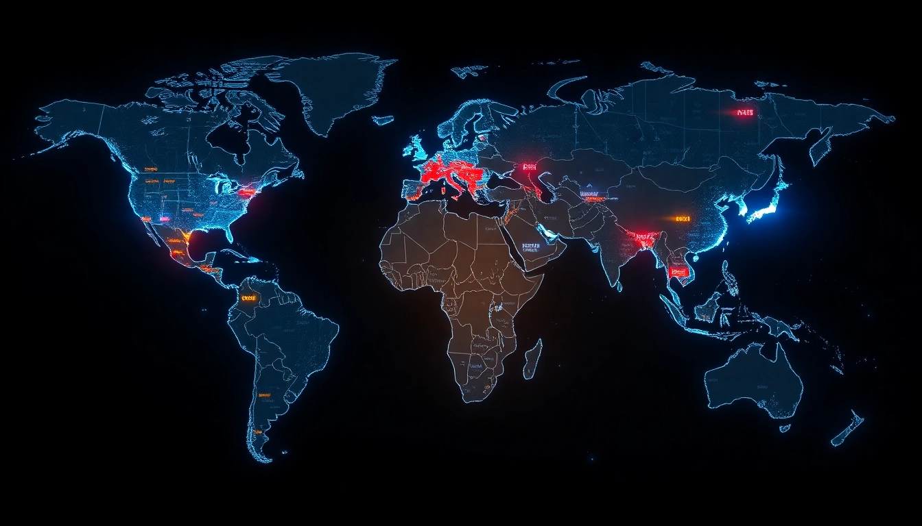 Global Market News Visual of digital world map with financial data and connectivity highlights,