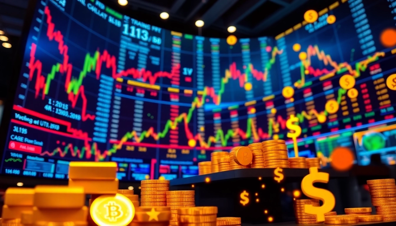 Trading News updates showing stock charts, gold records, and currency symbols for financial